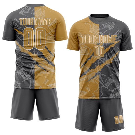 Benutzerdefinierte Graffiti Muster Alt Gold-Stahl Grau Scratch Sublimation Fußball Uniform Jersey Benutzerdefinierte Graffiti Muster Alt Gold-Stahl Grau Scratch Sublimation Fußball Uniform Jersey