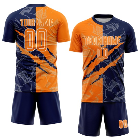 Benutzerdefinierte Graffiti Muster Bay Orange-Navy Scratch Sublimation Fußball Uniform Trikot Benutzerdefinierte Graffiti Muster Bay Orange-Navy Scratch Sublimation Fußball Uniform Trikot