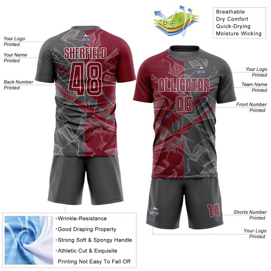 Benutzerdefinierte Graffiti Muster Crimson-Steel Grau Scratch Sublimation Fußball Uniform Jersey Benutzerdefinierte Graffiti Muster Crimson-Steel Grau Scratch Sublimation Fußball Uniform Jersey