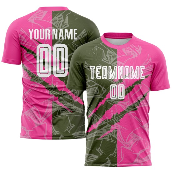 Benutzerdefinierte Graffiti Muster Oliv-Pink Scratch Sublimation Fußball Uniform Trikot Benutzerdefinierte Graffiti Muster Oliv-Pink Scratch Sublimation Fußball Uniform Trikot