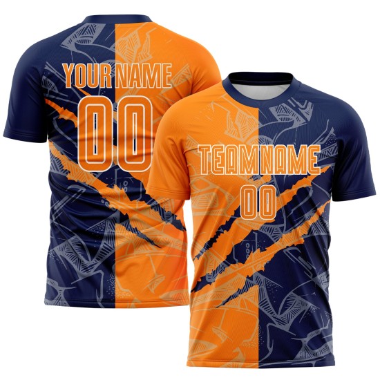 Benutzerdefinierte Graffiti Muster Bay Orange-Navy Scratch Sublimation Fußball Uniform Trikot Benutzerdefinierte Graffiti Muster Bay Orange-Navy Scratch Sublimation Fußball Uniform Trikot