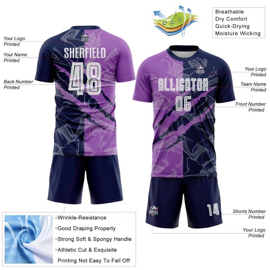 Benutzerdefinierte Graffiti Muster Medium Lila-Navy Scratch Sublimation Fußball Uniform Trikot Benutzerdefinierte Graffiti Muster Medium Lila-Navy Scratch Sublimation Fußball Uniform Trikot