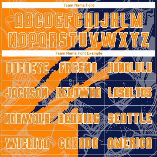 Benutzerdefinierte Graffiti Muster Bay Orange-Navy Scratch Sublimation Fußball Uniform Trikot Benutzerdefinierte Graffiti Muster Bay Orange-Navy Scratch Sublimation Fußball Uniform Trikot