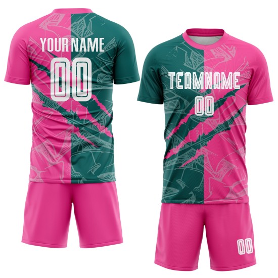 Benutzerdefinierte Graffiti Muster Teal-Pink Scratch Sublimation Fußball Uniform Jersey Benutzerdefinierte Graffiti Muster Teal-Pink Scratch Sublimation Fußball Uniform Jersey