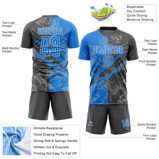 Benutzerdefinierte Graffiti Muster Pulver Blau-Stahl Grau Scratch Sublimation Fußball Uniform Jersey Benutzerdefinierte Graffiti Muster Pulver Blau-Stahl Grau Scratch Sublimation Fußball Uniform Jersey