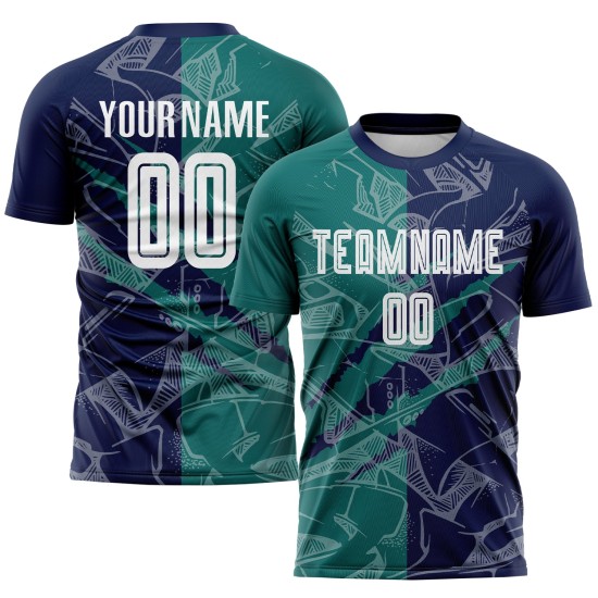 Benutzerdefinierte Graffiti Muster Teal-Navy Scratch Sublimation Fußball Uniform Trikot Benutzerdefinierte Graffiti Muster Teal-Navy Scratch Sublimation Fußball Uniform Trikot