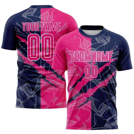 Benutzerdefinierte Graffiti Muster Hot Pink-Navy Scratch Sublimation Fußball Uniform Jersey Benutzerdefinierte Graffiti Muster Hot Pink-Navy Scratch Sublimation Fußball Uniform Jersey