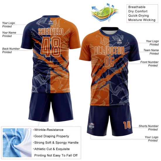 Benutzerdefinierte Graffiti Muster Texas Orange-Navy Scratch Sublimation Fußball Uniform Jersey Benutzerdefinierte Graffiti Muster Texas Orange-Navy Scratch Sublimation Fußball Uniform Jersey
