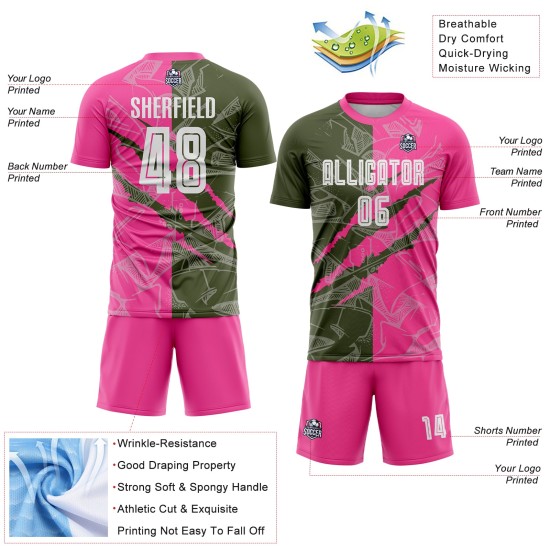 Benutzerdefinierte Graffiti Muster Oliv-Pink Scratch Sublimation Fußball Uniform Trikot Benutzerdefinierte Graffiti Muster Oliv-Pink Scratch Sublimation Fußball Uniform Trikot
