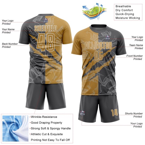Benutzerdefinierte Graffiti Muster Alt Gold-Stahl Grau Scratch Sublimation Fußball Uniform Jersey Benutzerdefinierte Graffiti Muster Alt Gold-Stahl Grau Scratch Sublimation Fußball Uniform Jersey