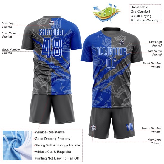 Benutzerdefinierte Graffiti Muster Thunder Blue-Steel Grau Scratch Sublimation Fußball Uniform Jersey Benutzerdefinierte Graffiti Muster Thunder Blue-Steel Grau Scratch Sublimation Fußball Uniform Jersey