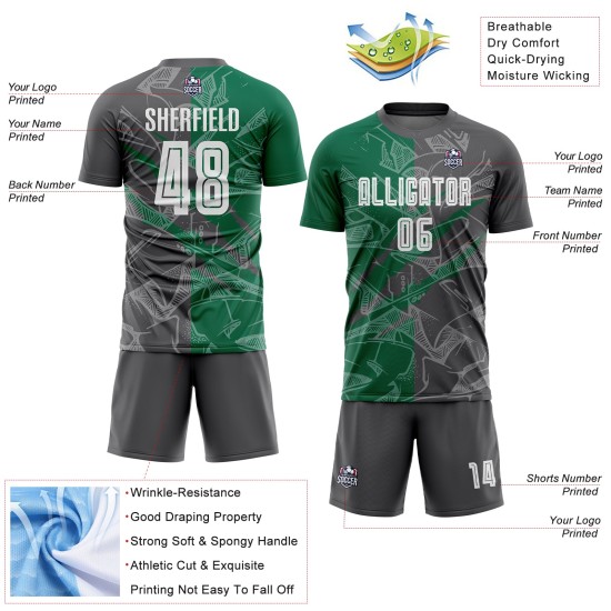 Benutzerdefinierte Graffiti Muster Kelly Grün-Stahl Grau Scratch Sublimation Fußball Uniform Jersey Benutzerdefinierte Graffiti Muster Kelly Grün-Stahl Grau Scratch Sublimation Fußball Uniform Jersey