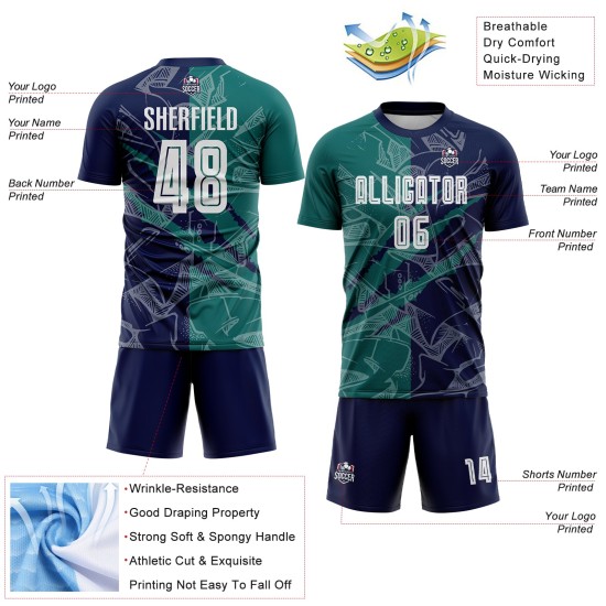 Benutzerdefinierte Graffiti Muster Teal-Navy Scratch Sublimation Fußball Uniform Trikot Benutzerdefinierte Graffiti Muster Teal-Navy Scratch Sublimation Fußball Uniform Trikot