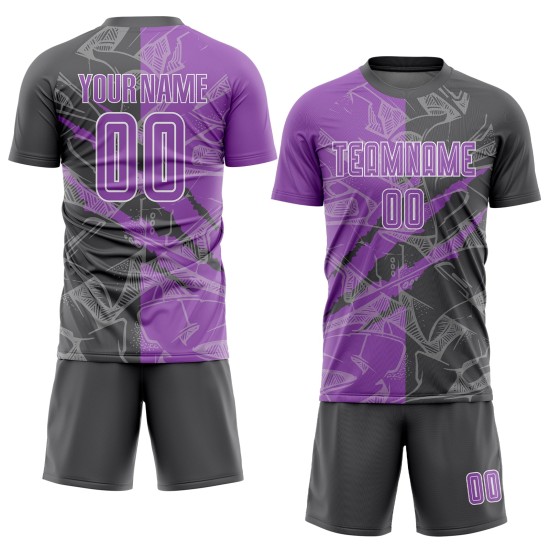 Benutzerdefinierte Graffiti Muster Medium Lila-Stahl Grau Scratch Sublimation Fußball Uniform Jersey Benutzerdefinierte Graffiti Muster Medium Lila-Stahl Grau Scratch Sublimation Fußball Uniform Jersey