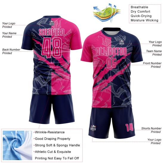 Benutzerdefinierte Graffiti Muster Hot Pink-Navy Scratch Sublimation Fußball Uniform Jersey Benutzerdefinierte Graffiti Muster Hot Pink-Navy Scratch Sublimation Fußball Uniform Jersey