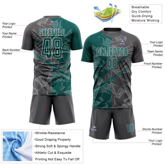 Benutzerdefinierte Graffiti Muster Mitternacht Grün-Stahl Grau Scratch Sublimation Fußball Uniform Jersey Benutzerdefinierte Graffiti Muster Mitternacht Grün-Stahl Grau Scratch Sublimation Fußball Uniform Jersey